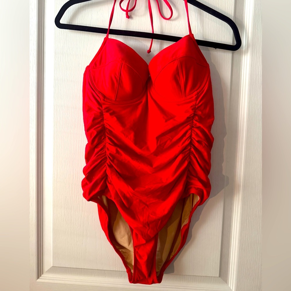J Crew Poppy Red High Leg Ruched One Piece Swimsuit